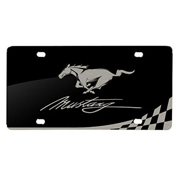 Ford Mustang Script Laser Mark Checker Stripe Matt-Look Black Acrylic License Plate