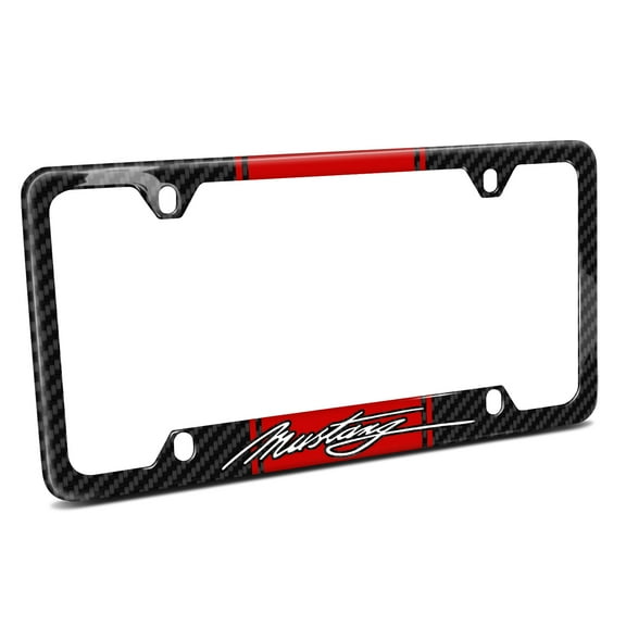 Ford Mustang Script Red Racing Stripe Black Real Carbon Fiber 50 States License Plate Frame
