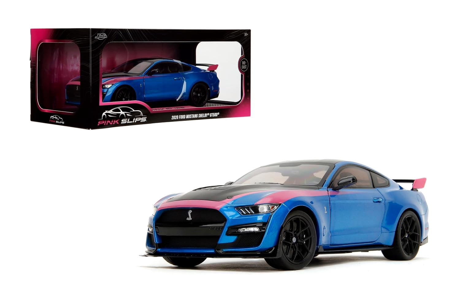 Ford Mustang Shelby GT500 Blue Metallic with Pink Stripes and Black Hood and Top "Pink Slips" Series 1/18 Diecast Model Car by Jada