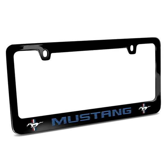 Ford Mustang Speed-Line in Blue Dual Logos Black Metal License Plate Frame