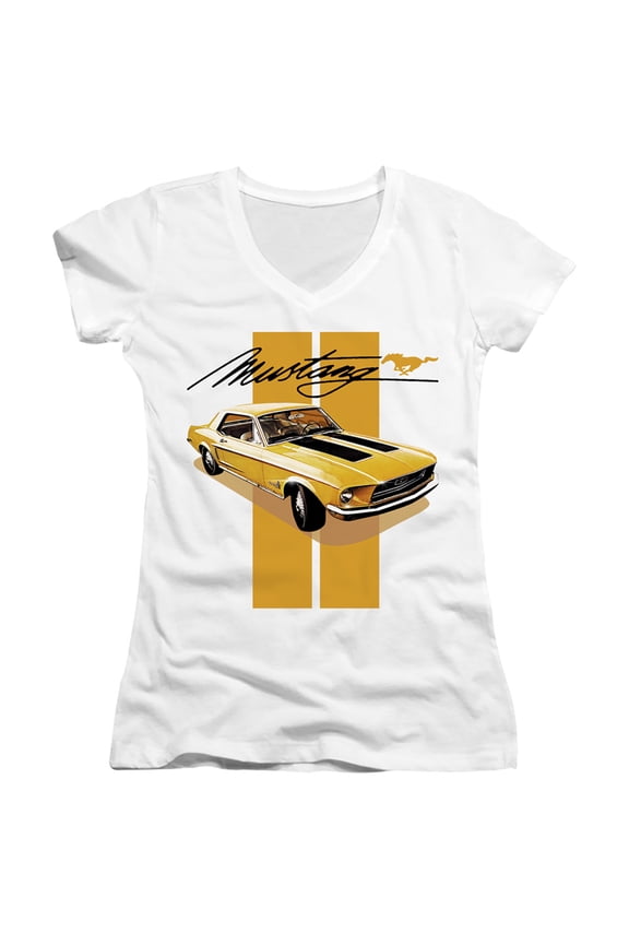 Ford Mustang Stang Stripes Junior Women's V-Neck T-Shirt White