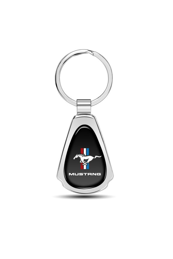Ford Mustang Tri-Bar Black Dome Chrome Metal Teardrop Key Chain