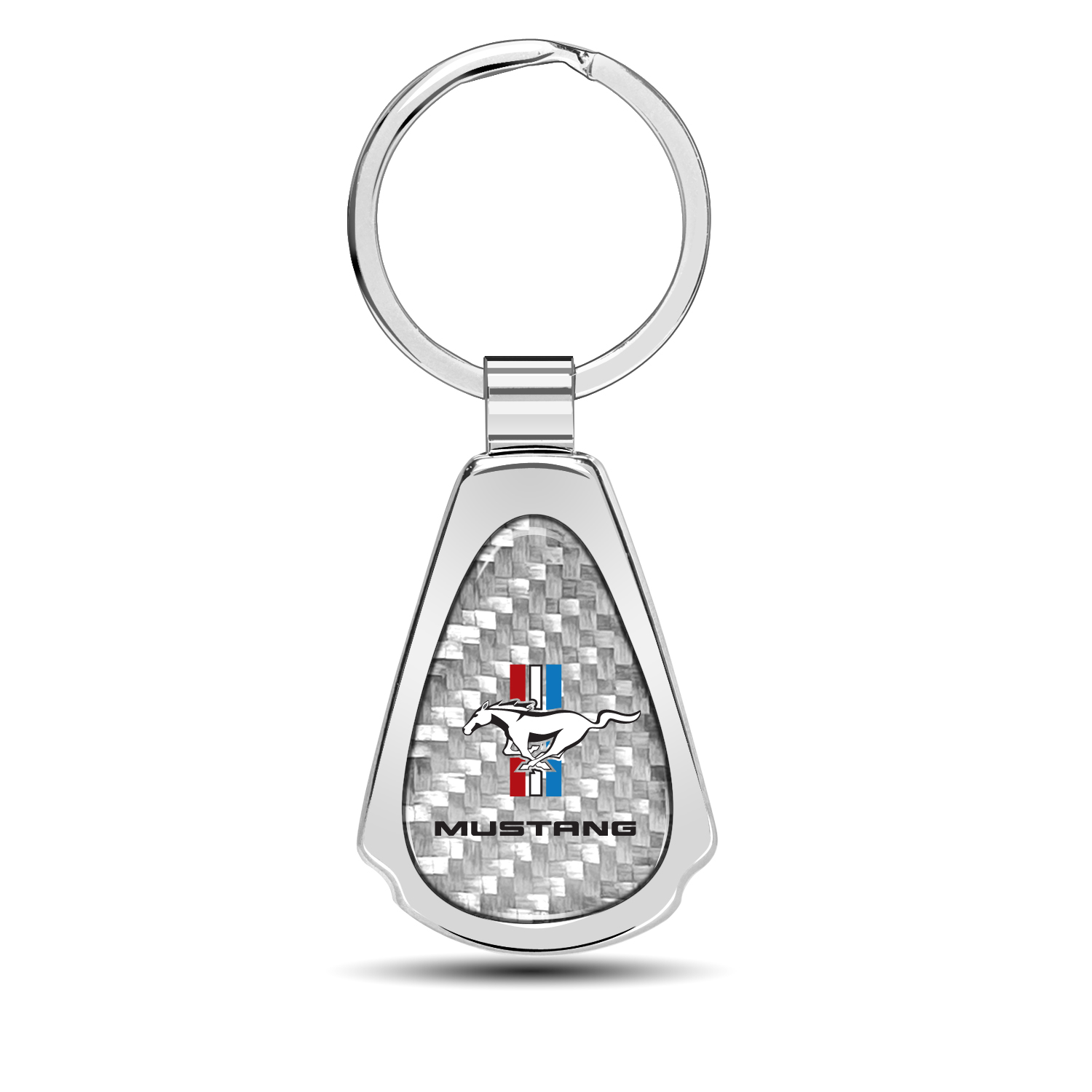 Ford Mustang Tri-Bar Real Silver Dome Carbon Fiber Chrome Metal Teardrop Key Chain
