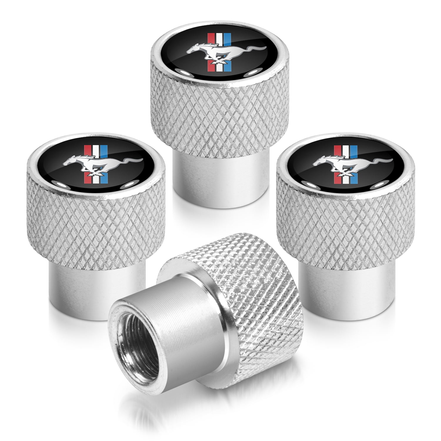 Ford Mustang Tri-Bar in Black on Silver Chrome Aluminum Tire Valve Stem Caps