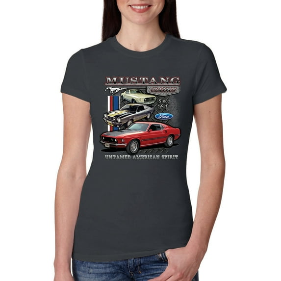Ford Mustang Untamed Spirit Cars and Trucks Womens Slim Fit Junior Tee, Dark Grey, Medium