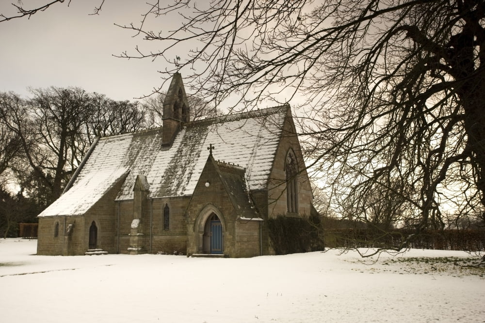 Ford Northumberland England Country Church In The Snow Canvas Art - John Short Design Pics (38 x 24)