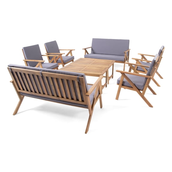 Ford Outdoor 8 Seater Acacia Wood Chat Set with Coffee Table, Teak, Dark Gray