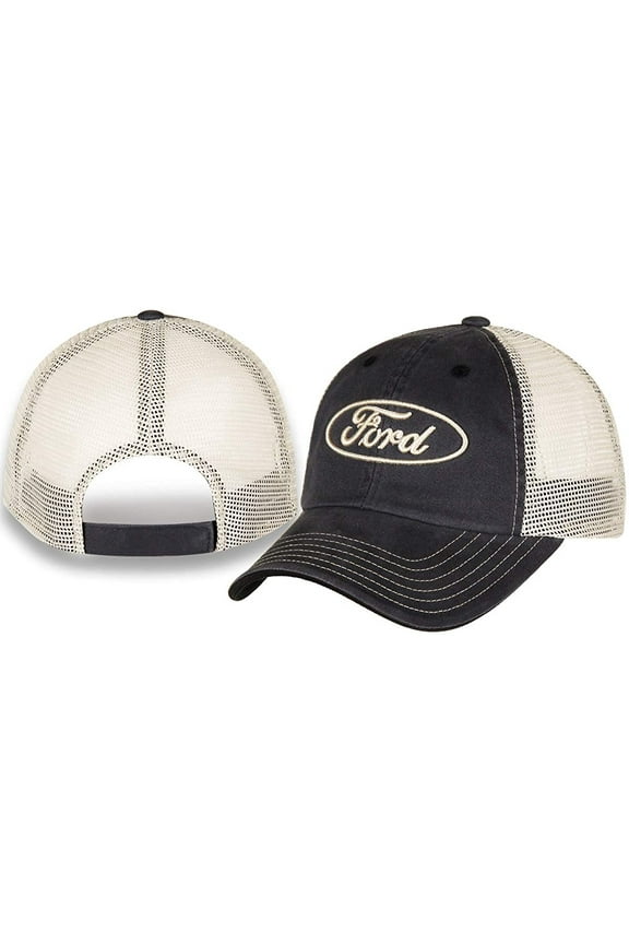 Ford Oval Gray and Khaki Mesh Unstructured Hat - Adult