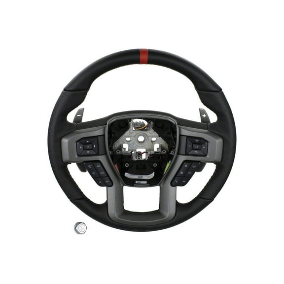 Ford Performance Parts M-3600-F15RRD Steering Wheel Kit; Raptor Style; Black Leather w/Grey Stitching/Red Sightline; Incl. Wire Harness/Trim Bezel/Steering Wheel Controls/Installation Hardware;