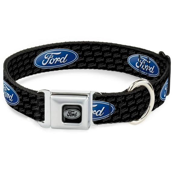 Ford Pet Collar, Dog Collar Metal Seatbelt Buckle, Ford Oval Repeat Text, 16 to 23 Inches 1.5 Inch Wide