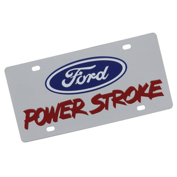 Ford Power Storke Dual Logo License Plate (Red On Chrome)
