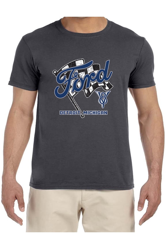 Ford Racing Flag T-shirt Mens Graphic Tees Short Sleeve Gray