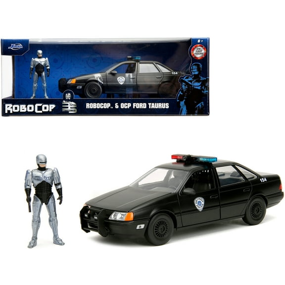 Ford Taurus OCP Matt Black "Detroit Police" and Robocop Diecast Figure 35th Anniversary "Robocop" (1987) Movie "Hollywood Rides" Series 1/24 Diecast Model Car by Jada