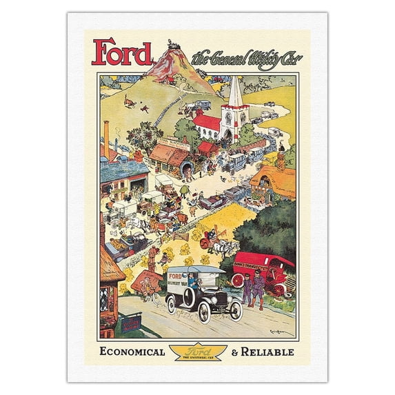 Ford The General Utility Car - Economical & Reliable - Vintage Advertising Poster by Oswald Hamilton Cuningham c.1912 - Fine Art Rolled Canvas Print 27in x 40in