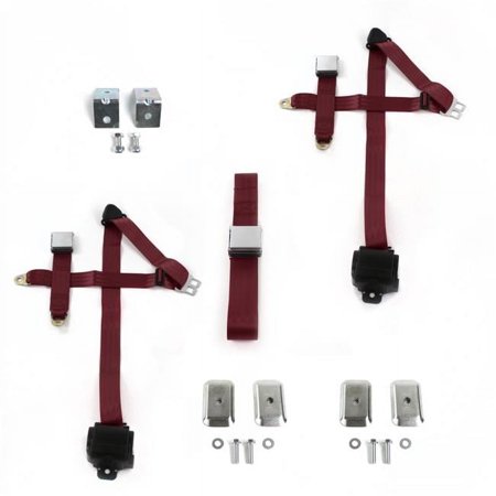 Ford Thunderbird 1977-1979 Airplane 3 Point Burgandy Retractable Bench Seat Belt Kit with Bracketry - 3 Belts
