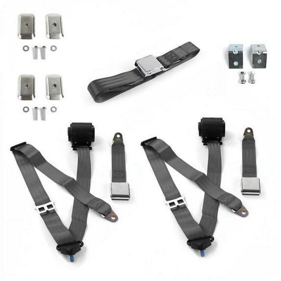 Ford Thunderbird 1977-1979 Airplane 3 Point Charcoal Retractable Bench Seat Belt Kit with Bracketry - 3 Belts