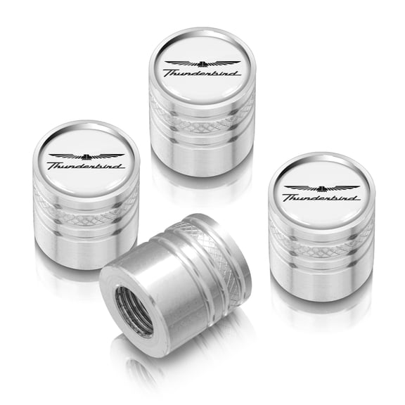 Ford Thunderbird White on Silver Aluminum Cylinder-Style Tire Valve Stem Caps