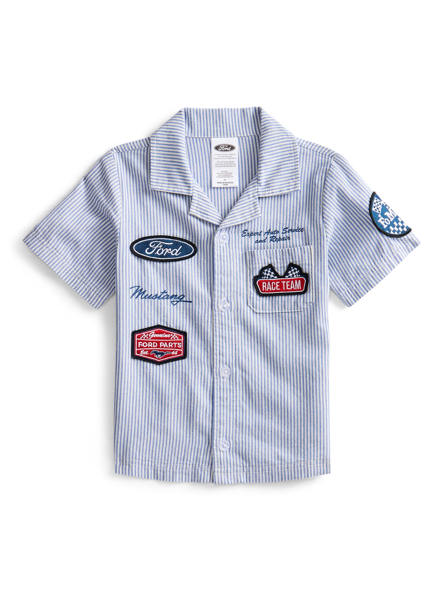 Ford Toddler Boys Short Sleeve Cotton Button Down Work Shirt with Patches, Sizes 12M-5T