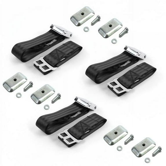 Ford Truck 1948-1952 Airplane 2 Point Black Lap Bench Seat Belt Kit with Bracketry - 3 Belts