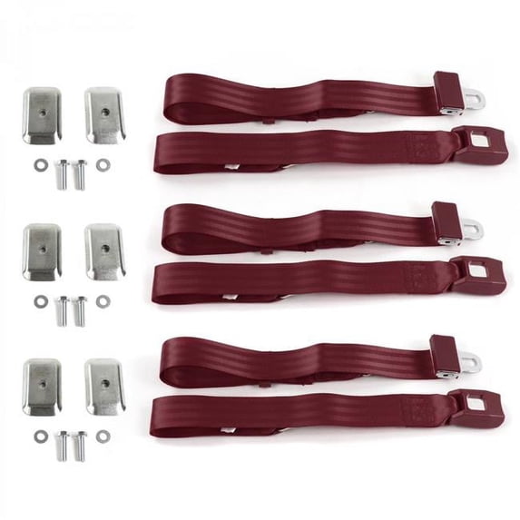 Ford Truck 1961-1966 Standard 2 Point Burgandy Lap Bench Seat Belt Kit with Bracketry - 3 Belts