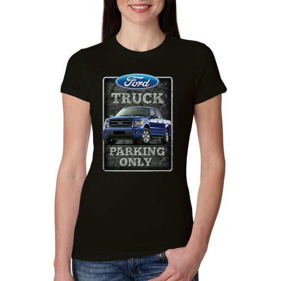 Ford Truck Parking Only Sign Gift for Owners of Ford Trucks | Womens Cars and Trucks Slim Fit Junior Tee, Black, X-Large