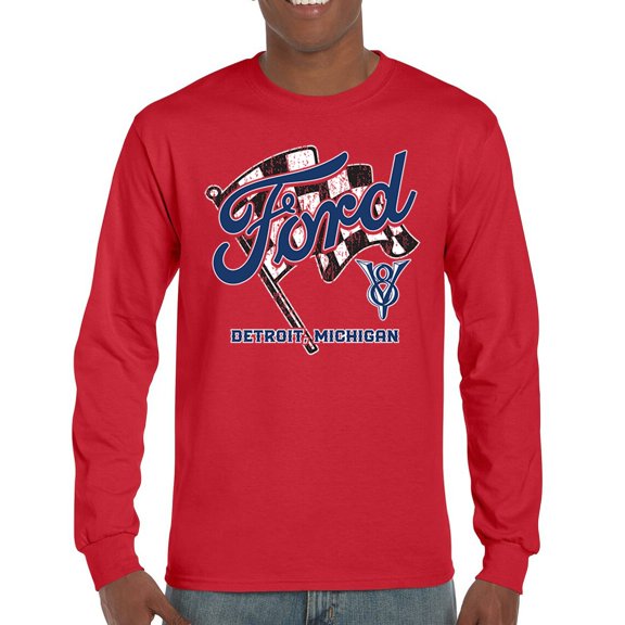 Ford V8 Detroit Michigan Long Sleeve T-shirt Checkered Flag American Muscle Car Racing Mustang Shelby GT Performance
