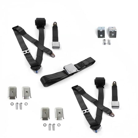 Ford Van 1975-1991 Airplane 3 Point Black Retractable Bench Seat Belt Kit with Bracketry - 3 Belts