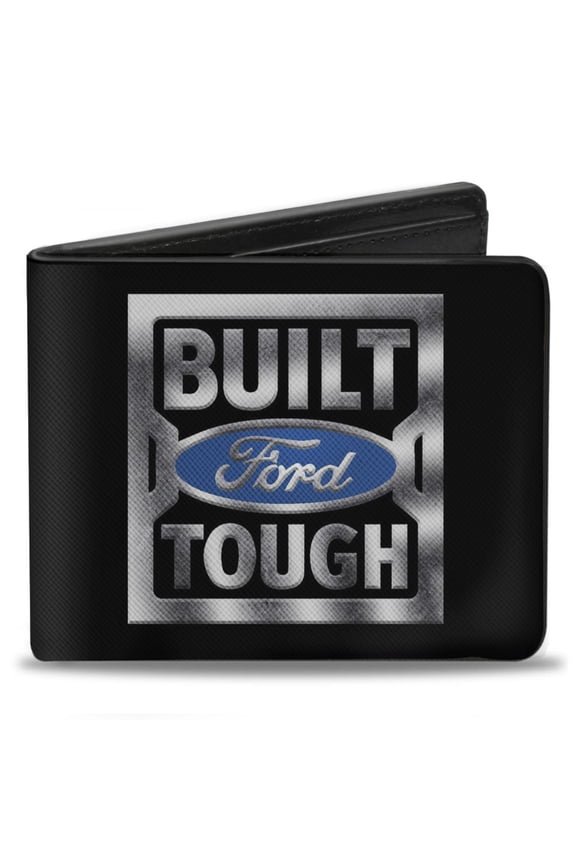 Ford Wallet, Bifold, Built Ford Tough Logo Black Silver Gradient Blue, Vegan Leather