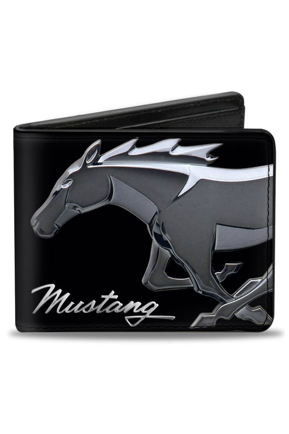 Ford Wallet, Bifold, Mustang Chrome Pony Mustang Script Black Silver, Vegan Leather