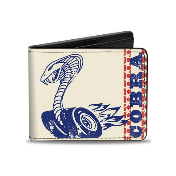 Ford Wallet, Bifold, Vintage Cobra Jet Logo Cobra Stars Ford Script Ivory Navy Red, Vegan Leather