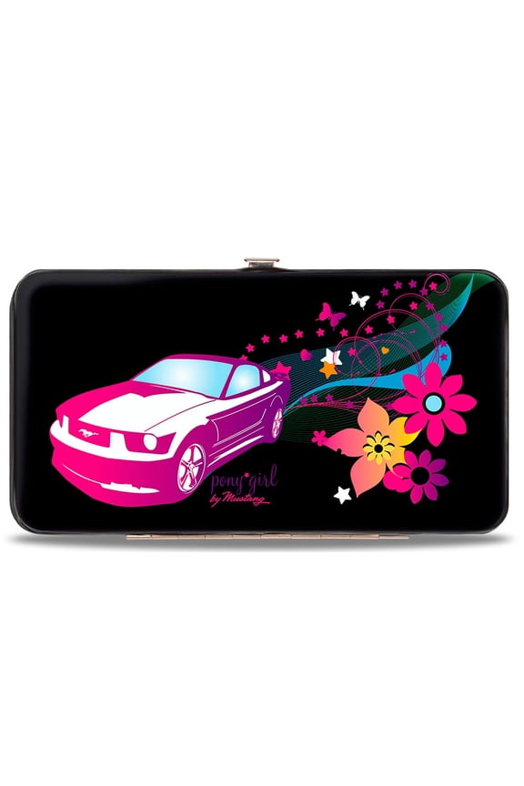 Ford Wallet, Hinged, Mustang Pony Girl Butterflies Flowers Stars Black Pink Purple, Vegan Leather
