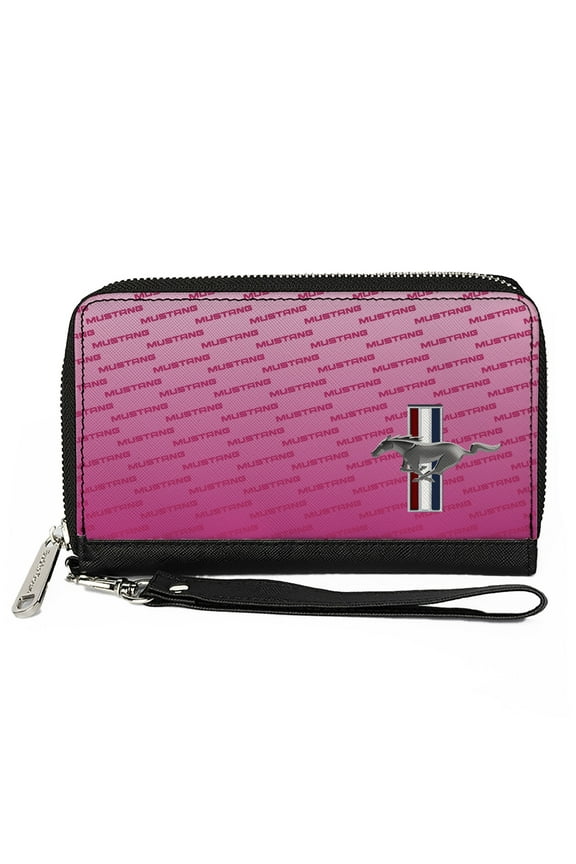 Ford Wallet, Zip Around, Ford Mustang w/Bars CORNER w/Text Pinks, Vegan Leather