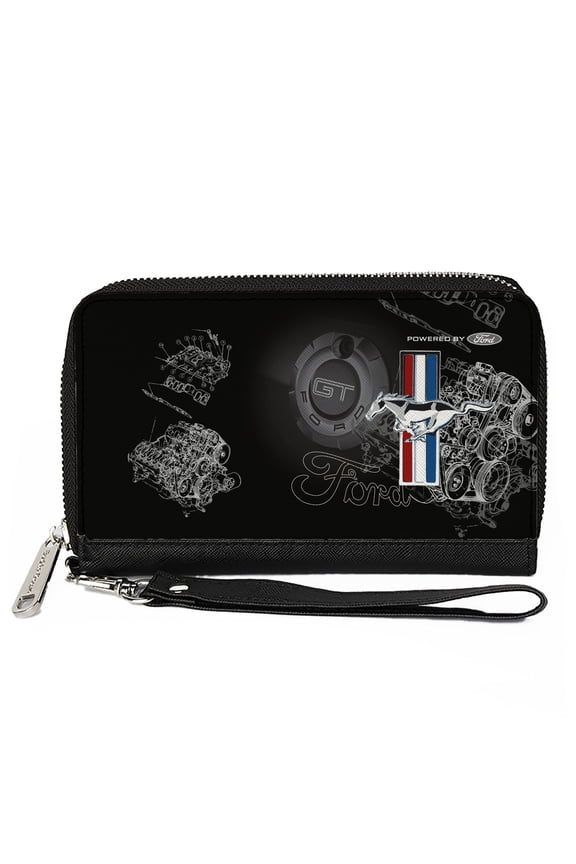 Ford Wallet, Zip Around, Mustang Tri Bar Stripe GT Motor Blueprint, Vegan Leather