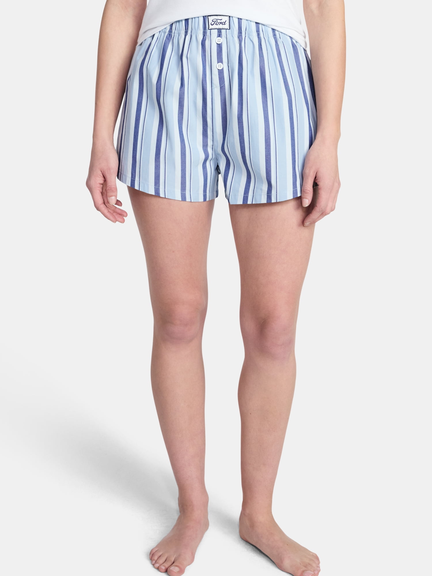 Ford Women's Striped Cotton Boxer Shorts with Logo Patch, Sizes