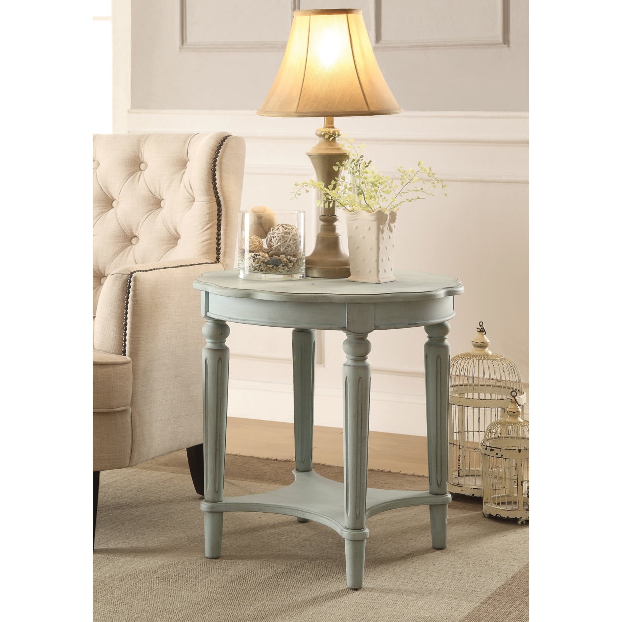Antique Green Round Wooden End Table with Metal Accents