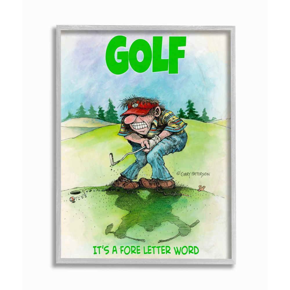Fore Letter Word Funny Golf Cartoon Sports Design Gray Farmhouse Rustic Oversized Framed Giclee Texturized Art by Gary Patterson