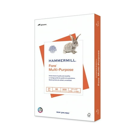 Hammermill 10319-2 96 Bright 20 lbs. Bond Weight 11 in. x 17 in. Fore Multipurpose Print Paper - White (1-Ream)