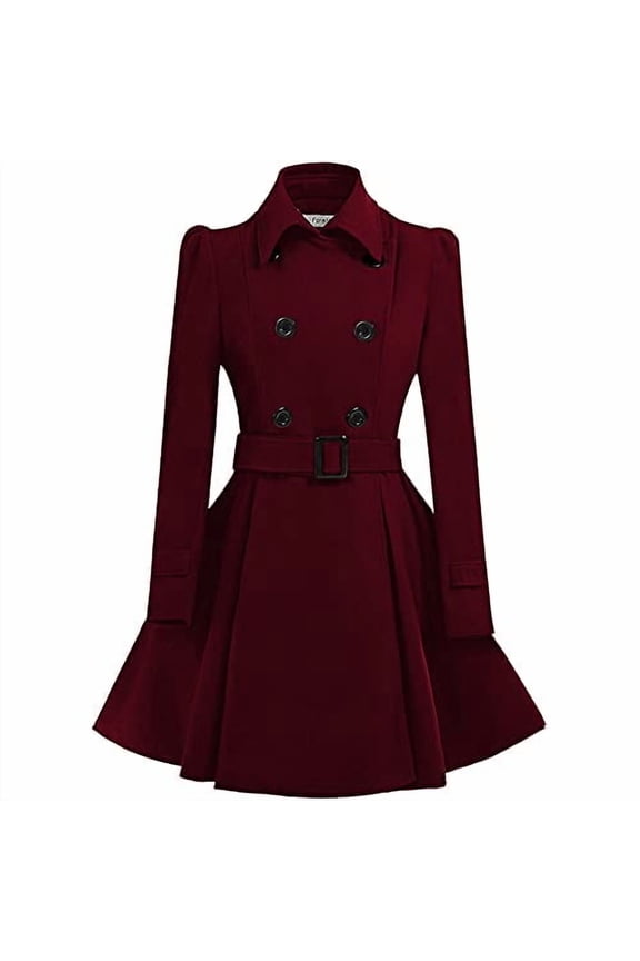 Women Swing Double Breasted Wool Pea Coat - Belt Buckle, XL - WINE RED