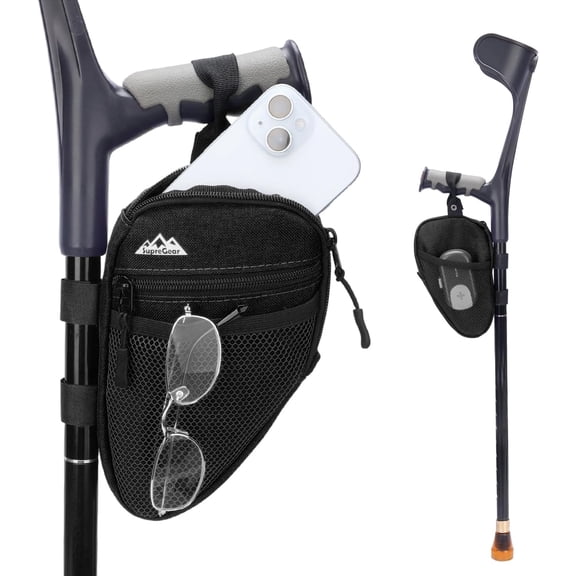 Forearm Crutch Bag - Lightweight Water-Resistant Premium Storage Organizer with Cup Holder & Multiple Pockets, Hands-Free Mobility Accessory for Elbow Crutches, Black