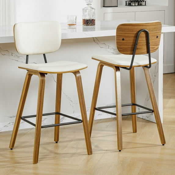 Foreate 26" Counter Height Bar Stools, Set of 2 with Mid-Back, Modern Wooden Stool Leather Upholstered Bar Chair Mid Century for Kitchen Island Dining Room Office