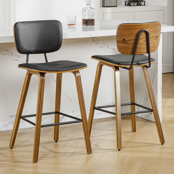 Foreate 26" Counter Height Bar Stools, Set of 2 with Mid-Back, Modern Wooden Stool Leather Upholstered Bar Chair Mid Century for Kitchen Island Dining Room Office
