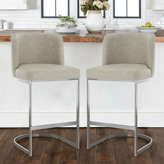 Foreate 26" Counter Height Bar Stools Set of 2 Modern Counter Stools with Back and C-Shaped Metal Frame, Upholstered Faux Leather Bar Chairs Island Stools for Kitchen Counter, Home Bar, Pub, Beige
