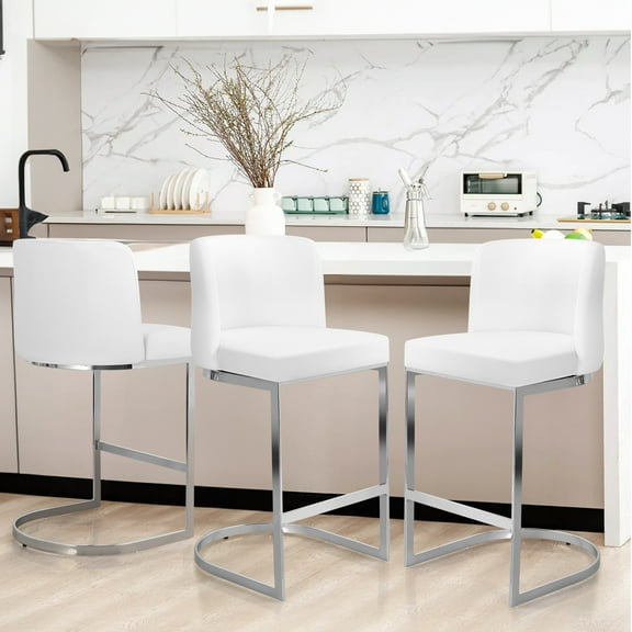 Foreate 26" Counter Height Bar Stools Set of 2 Modern Counter Stools with Back and C-Shaped Metal Frame, Upholstered Faux Leather Bar Chairs Island Stools for Kitchen Counter, Home Bar, Pub, White