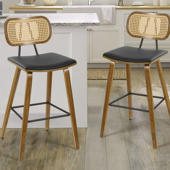 Foreate 26" Counter Height Bar Stools, Set of 2 with Rattan Mid-Back, Modern Wooden Stool Leather Upholstered Bar Chair Mid Century for Kitchen Island Dining Room Office