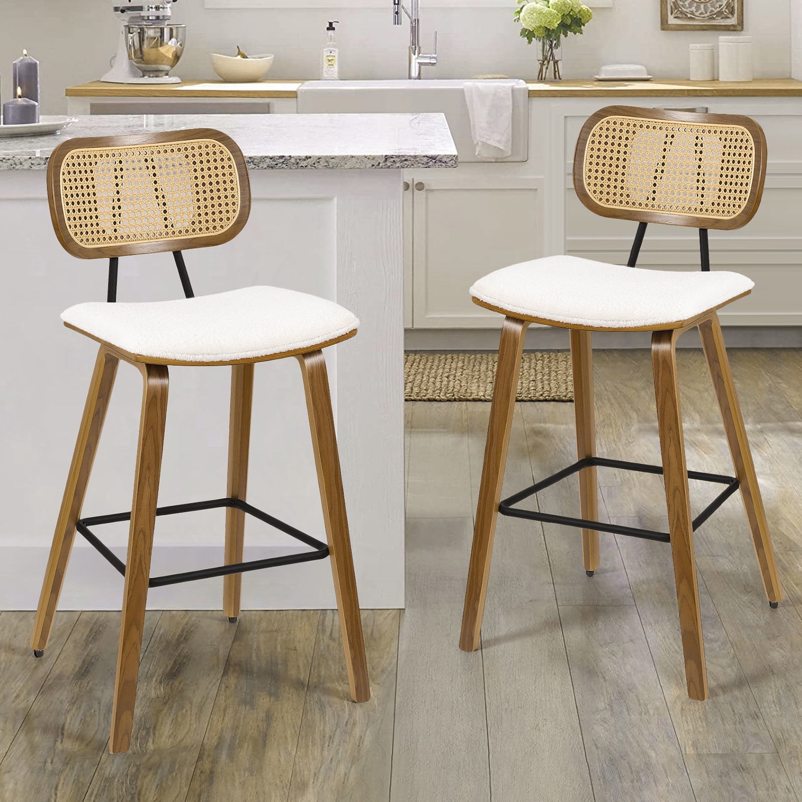 Foreate 26" Counter Height Bar Stools, Set of 2 with Rattan Mid-Back ...