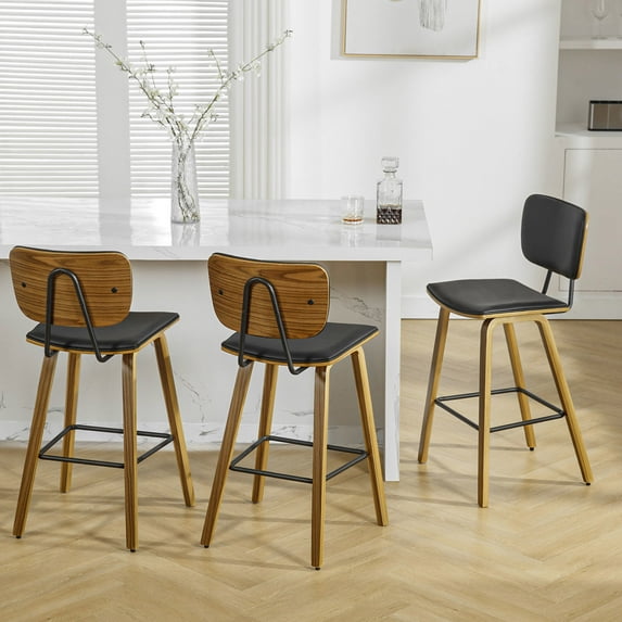 Foreate 26" Counter Height Bar Stools, Set of 3 with Mid-Back, Modern Wooden Stool Leather Upholstered Bar Chair Mid Century for Kitchen Island Dining Room Office