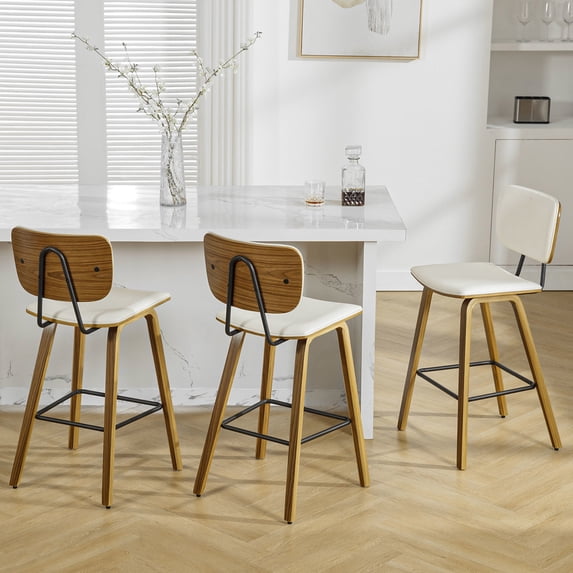 Foreate 26" Counter Height Bar Stools, Set of 3 with Mid-Back, Modern Wooden Stool Leather Upholstered Bar Chair Mid Century for Kitchen Island Dining Room Office