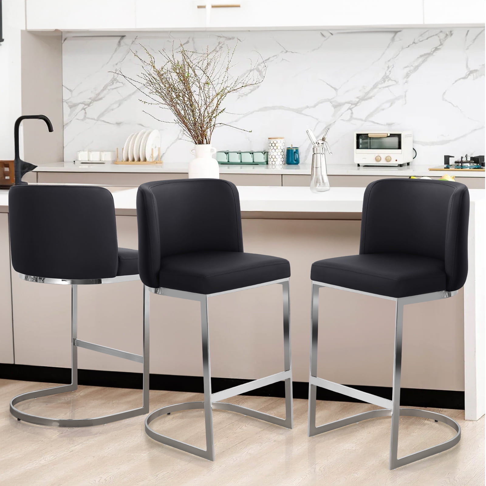 Foreate 26" Counter Height Bar Stools Set of 3 Modern Counter Stools with Back and C-Shaped Metal Frame, Upholstered Faux Leather Bar Chairs Island Stools for Kitchen Counter, Home Bar, Pub, Black