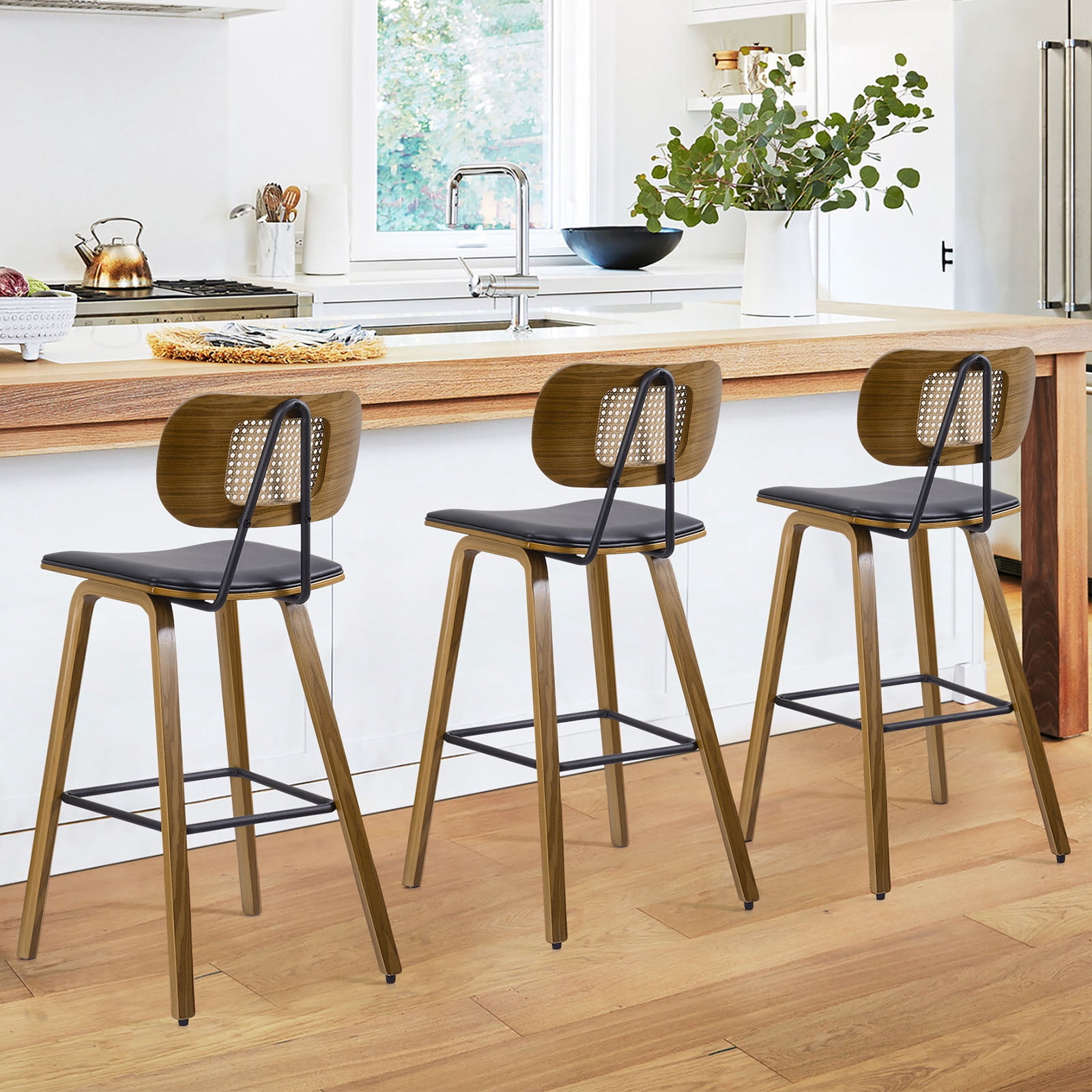 Foreate 26" Counter Height Bar Stools, Set of 3 with Rattan Mid-Back ...