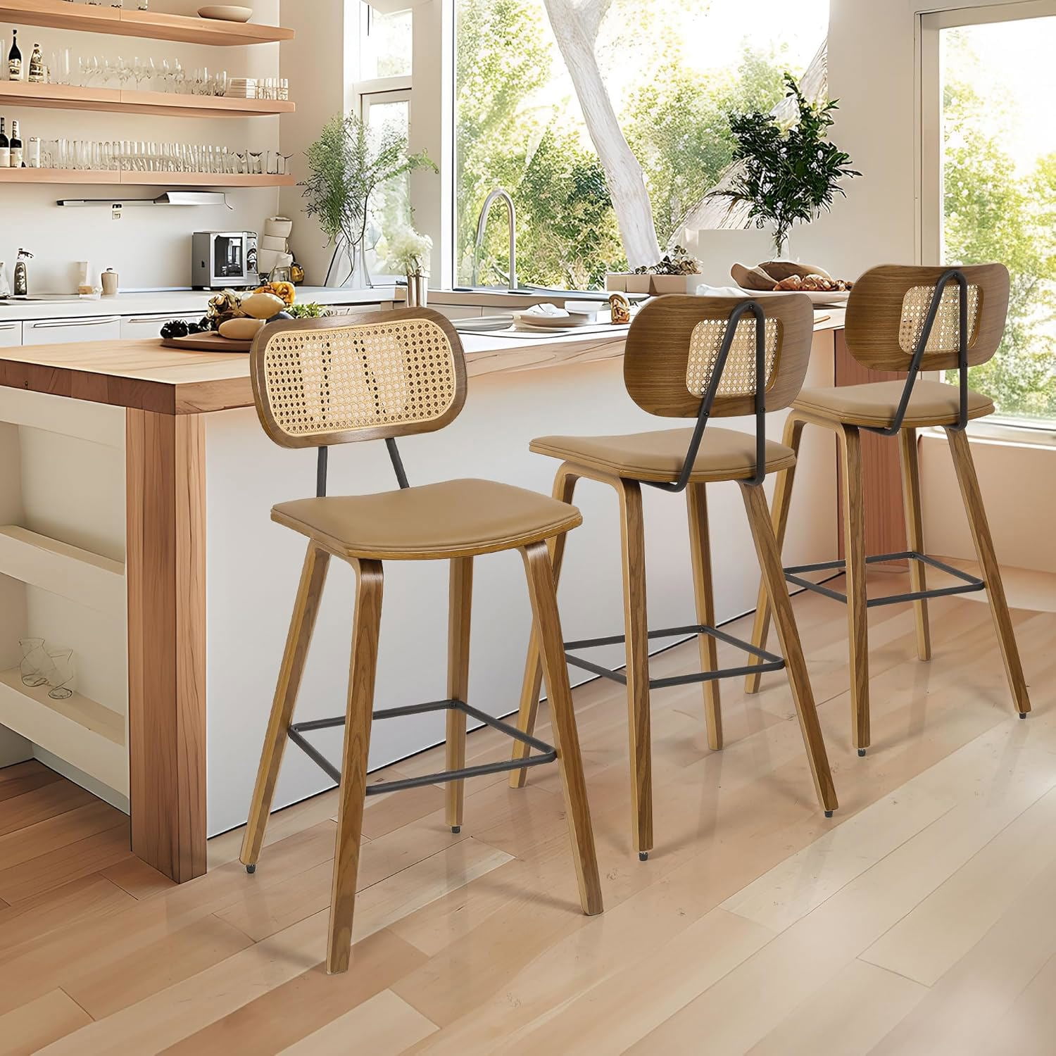 Foreate 26" Counter Height Bar Stools, Set of 3 with Rattan Mid-Back ...